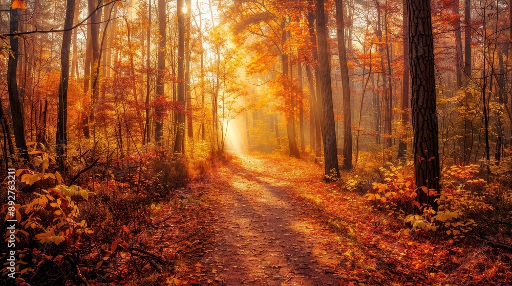 Fototapeta premium Misty forest path with fall foliage