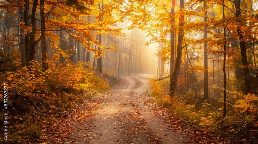 Obraz premium Misty forest path with fall foliage