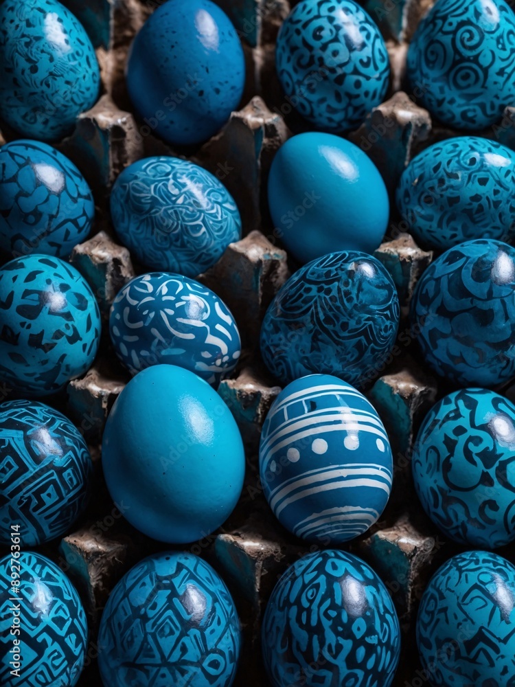 Blue Easter Eggs in Carton: A close-up shot of a dozen blue Easter eggs with intricate white designs, arranged in a brown egg carton, evoking a sense of spring renewal and tradition. Blue Easter Eggs in Carton: A close-up shot of a dozen blue Easter eggs with intricate white designs, arranged in a brown egg carton, evoking a sense of spring renewal and tradition.