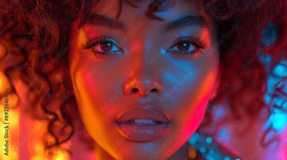Close-Up of Woman's Face with Neon Lighting, Ideal for Fashion and Editorial Use Close-Up of Woman's Face with Neon Lighting, Ideal for Fashion and Editorial Use