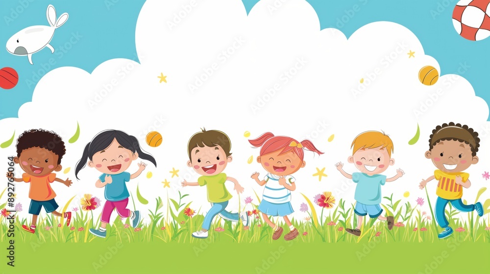 Happy Kids Playing Summer Field Illustration Happy Kids Playing Summer Field Illustration