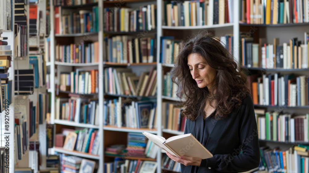 Woman Browsing Books in Library - Intellectual, Studious, Tranquil Woman Browsing Books in Library - Intellectual, Studious, Tranquil