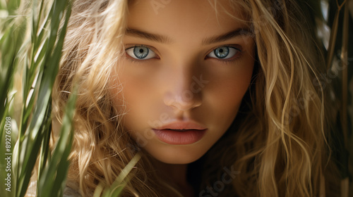 portrait of a beautiful girl with green leaves photo