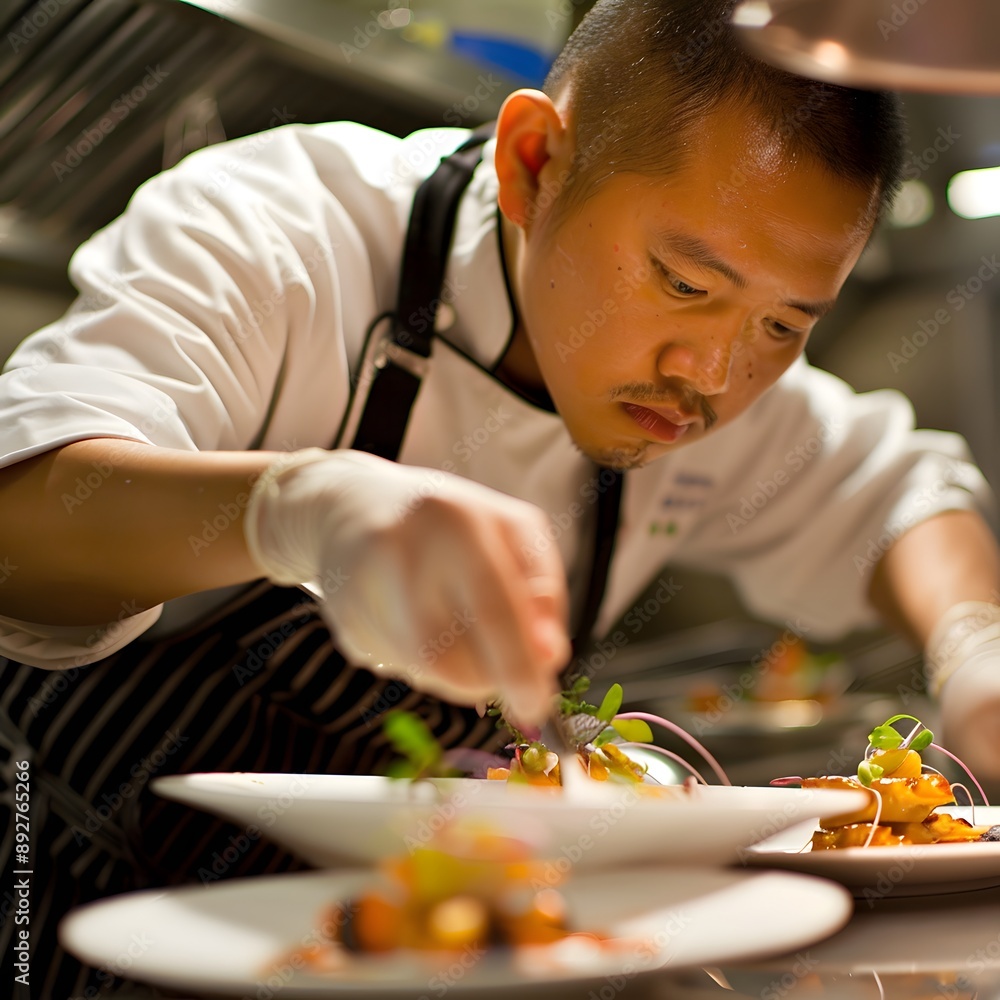 A chef in a bustling kitchen expertly plating. A chef in a bustling kitchen expertly plating.