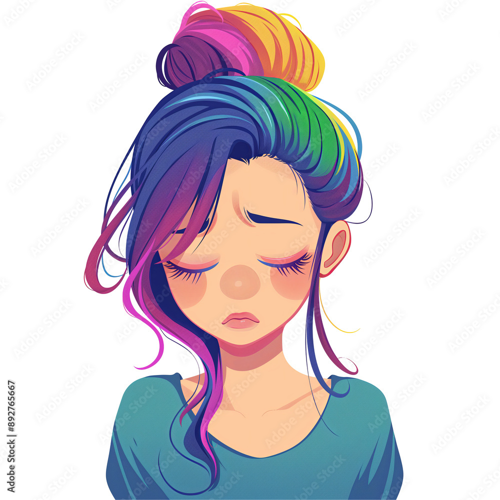 asian girl with rainbow hair and sad facial expression . Clipart PNG image . Transparent background . Cartoon vector style asian girl with rainbow hair and sad facial expression . Clipart PNG image . Transparent background . Cartoon vector style