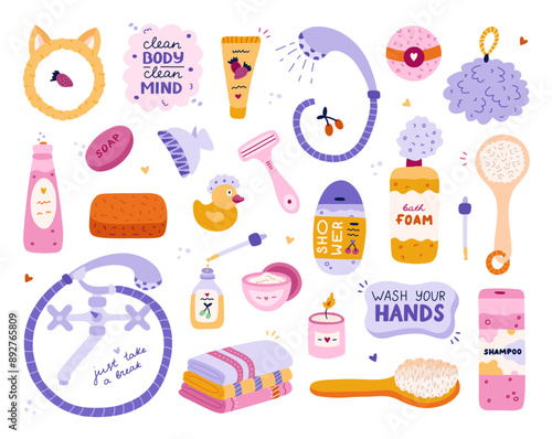 Cute cartoon clipart set of hygiene items, bathroom accessories. Hand drawn products for skincare, beauty, body care, self love Soap, shower, microfiber towel, shampoo, cream, oil.