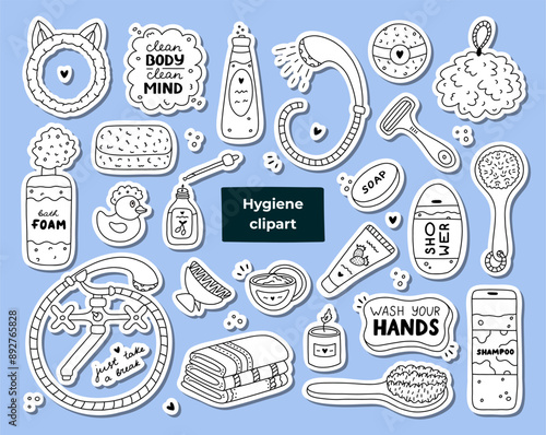 Big set of stickers with cute hygiene items, bathroom and shower accessories. Collection of hand drawn clipart with products for skincare, beauty and body care, self love in trendy doodle style.