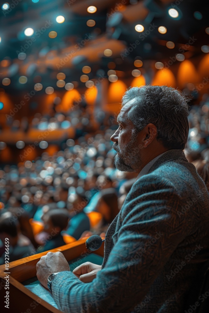 Motivational speaker addressing a large audience in a modern conference hall with warm lighting, focus on mature man at podium delivering speechconference Motivational speaker addressing a large audience in a modern conference hall with warm lighting, focus on mature man at podium delivering speechconference