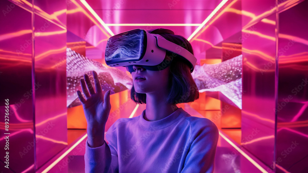 A young woman wearing a modern virtual reality (VR) headset. She is positioned in a vibrant, neon-lit corridor with reflective surfaces. A young woman wearing a modern virtual reality (VR) headset. She is positioned in a vibrant, neon-lit corridor with reflective surfaces.