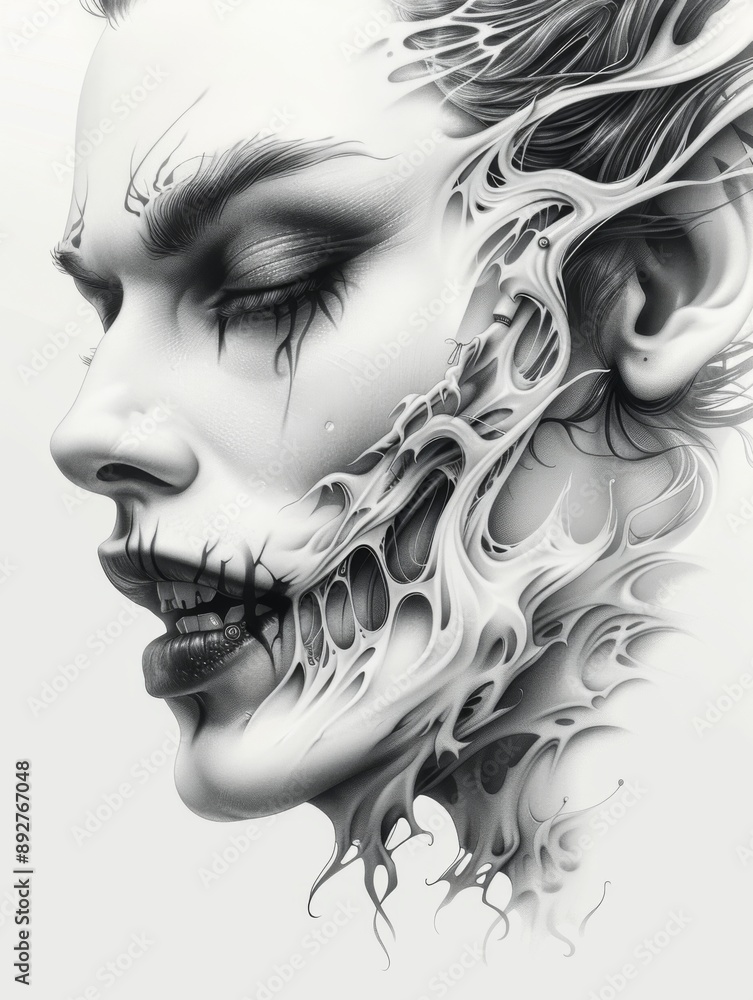 Fototapeta premium Digital Art of Morphing Female Profile with Abstract Skeletal Elements