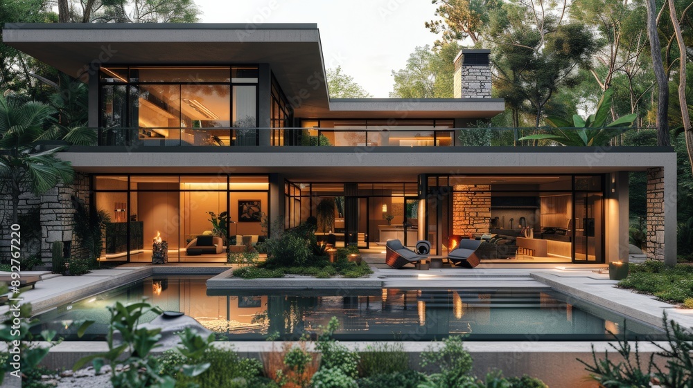 Modern luxury home with large glass windows and open-concept design featuring spacious outdoor pool area surrounded by lush greenery and contemporary furnituremodern Modern luxury home with large glass windows and open-concept design featuring spacious outdoor pool area surrounded by lush greenery and contemporary furnituremodern