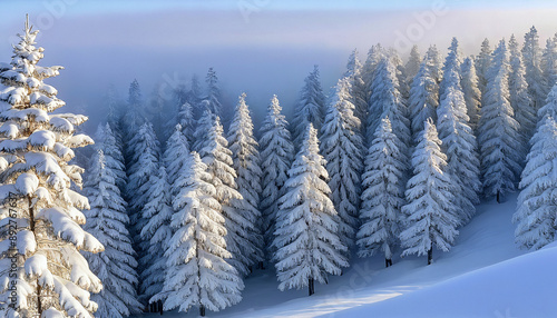 Tall pine trees stand majestically, their branches heavy with freshly fallen snow, creating a serene and silent winter wonderland © Iveta