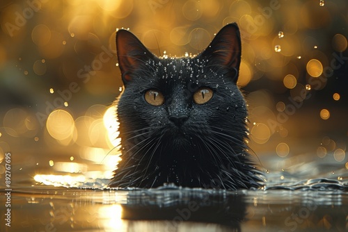 Close-Up Image of a Black Cat with Golden Eyes and Wet Fur Emerging from Water Against a Bokeh Background at Sunset with Sparkling Dropletsblack cat photo