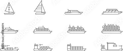 Set of ship line icons. Symbol of shipping, transportation or cruise. Vector illustration.