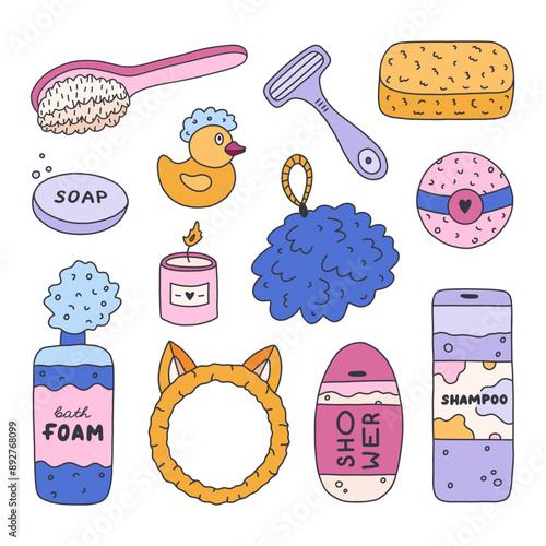 Cute hand drawn doodle set of hygiene items, bathroom and shower accessories. Products for skincare, beauty, body care, self love in trendy style. Soap, microfiber towel, shampoo, cream, duck, oil.