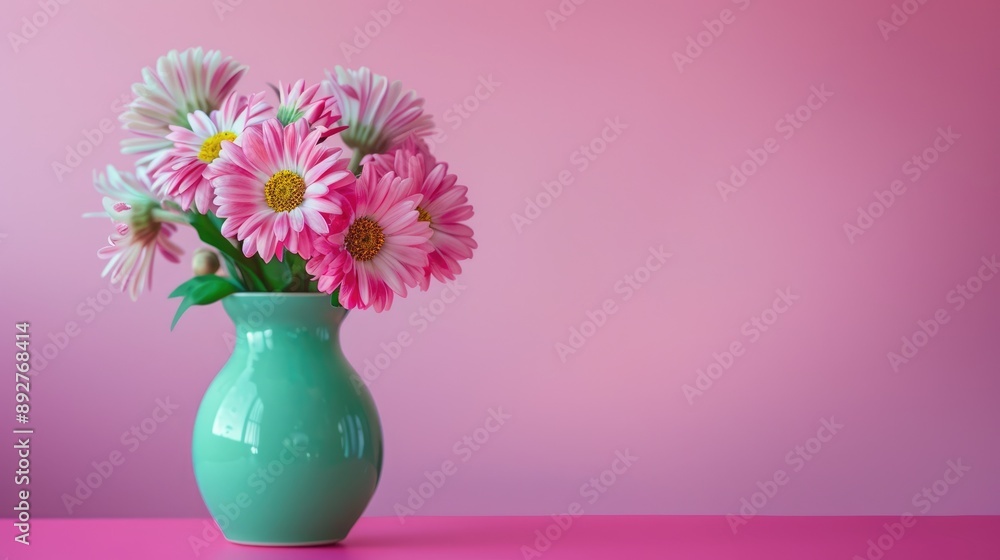Spring daisies in small green vase on table. Fragile. Assumptions. Magenta backdrop with blank space. Blooming blooms. Greeting card. Banner border Spring daisies in small green vase on table. Fragile. Assumptions. Magenta backdrop with blank space. Blooming blooms. Greeting card. Banner border