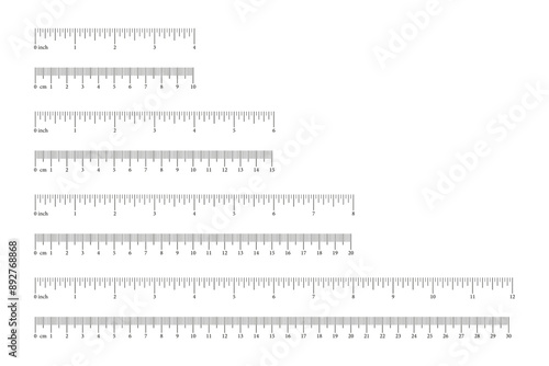 Set of scale, ruler with 10, 15, 20, 30 centimeter, 4, 6, 8, 12 inches with markup and numbers. Measuring charts of metric, imperial units. Distance, height, length measurement, sewing tool template. 