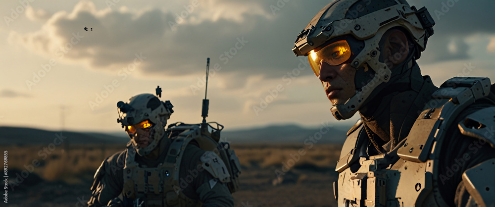 cyborg soldier fighting in a warzone movie story seen trail cam footage, rear view, wide angle shot, a striking contrast against the soft, blurred background, with a digital interface overlaid cyborg soldier fighting in a warzone movie story seen trail cam footage, rear view, wide angle shot, a striking contrast against the soft, blurred background, with a digital interface overlaid