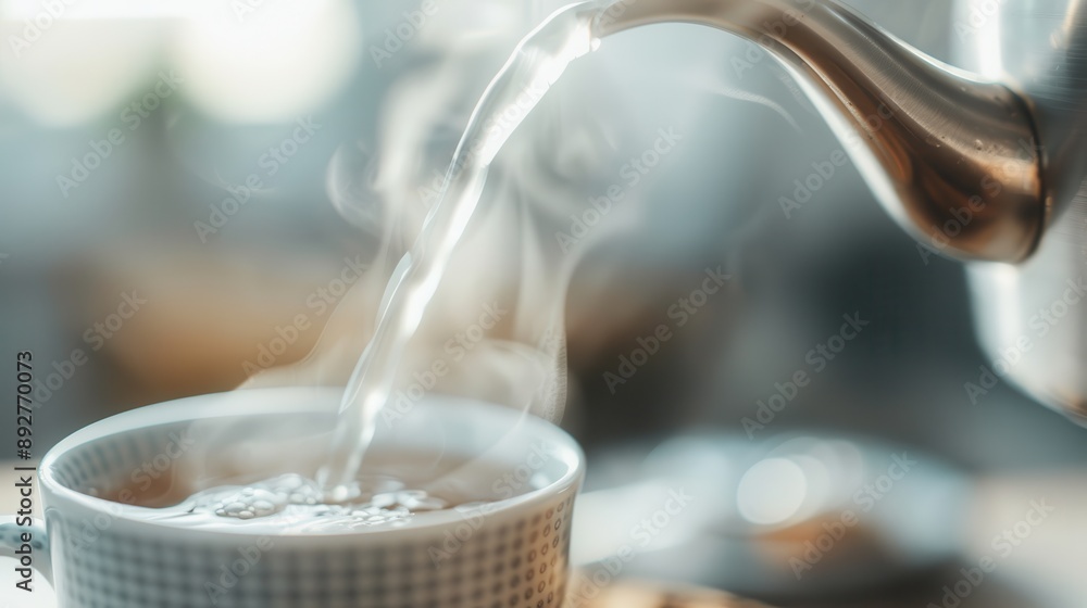 A gentle stream of hot water fills a delicate teacup, releasing comforting steam, capturing the soothing and tranquil moment of preparing a calming drink. A gentle stream of hot water fills a delicate teacup, releasing comforting steam, capturing the soothing and tranquil moment of preparing a calming drink.