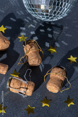 Champagne corks and metal mesh. Dark wine background. photo