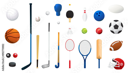 Set of sports equipment isolated on white background. 