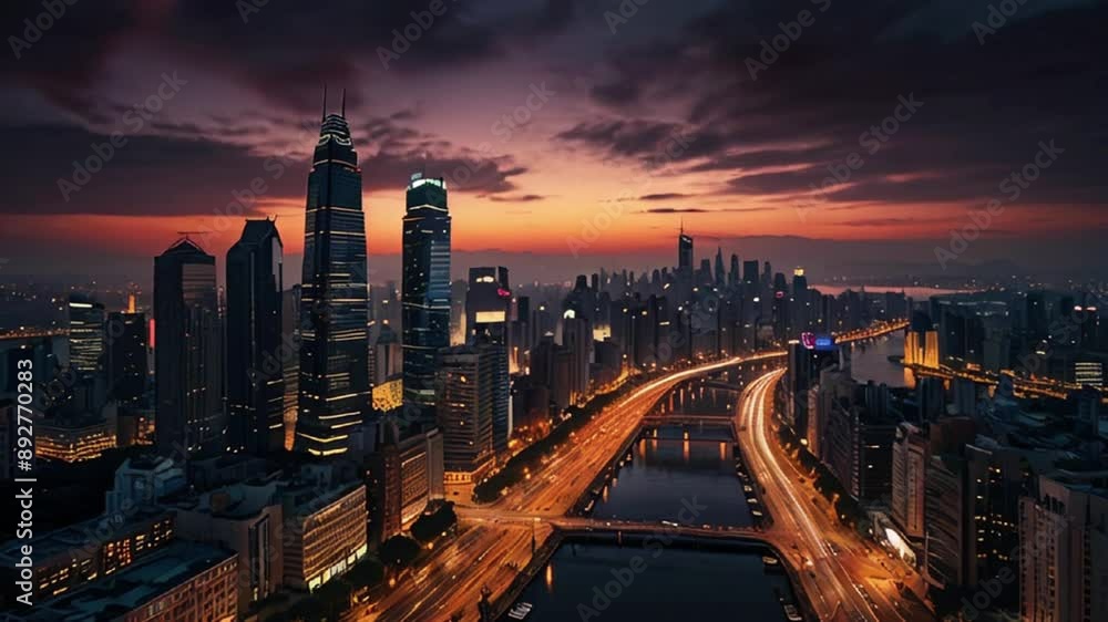 the beauty of the majestic city at dusk, majestic skyscrapers, seamless looping 4k video animation background the beauty of the majestic city at dusk, majestic skyscrapers, seamless looping 4k video animation background