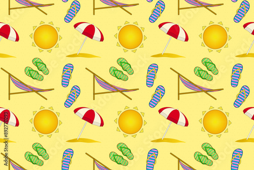 Bright and colorful vector pattern featuring beach elements like flip-flops, umbrellas, and suns. Perfect for summer-themed designs.