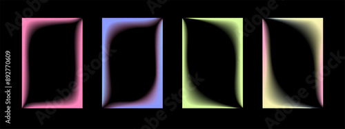 Collection of transparent rectangular gradient frames with wavy inner borders. Set of retro frames with blur. Vector illustration on black background