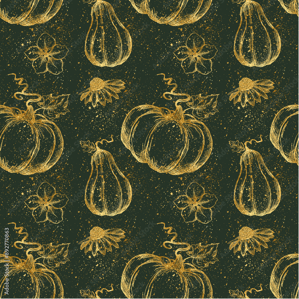 Autumn Seamless Pattern with golden linear images of Pumpkins on a green background for Fabric Autumn Seamless Pattern with golden linear images of Pumpkins on a green background for Fabric