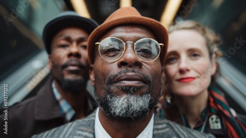 A stylish man with a hat and glasses stands confidently with two friends in an urban setting, portraying a scene of camaraderie and sophisticated fashion amidst the city life.