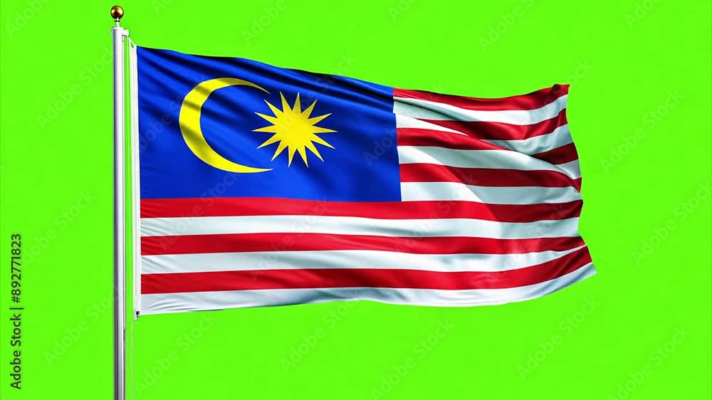 Malaysia national flag waving in the wind in slow motion against a chroma key green screen. Malaysia national flag waving in the wind in slow motion against a chroma key green screen.