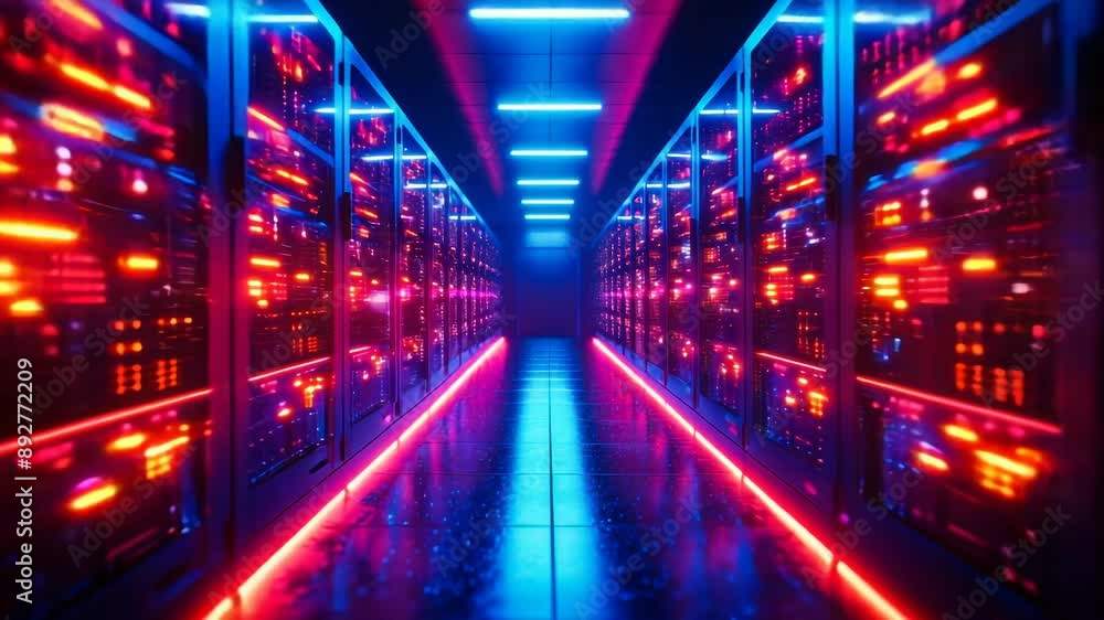 High-Tech Data Center Server Racks with Glowing LED Lights, Symbolizing Network Infrastructure, Cloud Computing and Information Technology at Night, Futuristic and Modern Design High-Tech Data Center Server Racks with Glowing LED Lights, Symbolizing Network Infrastructure, Cloud Computing and Information Technology at Night, Futuristic and Modern Design