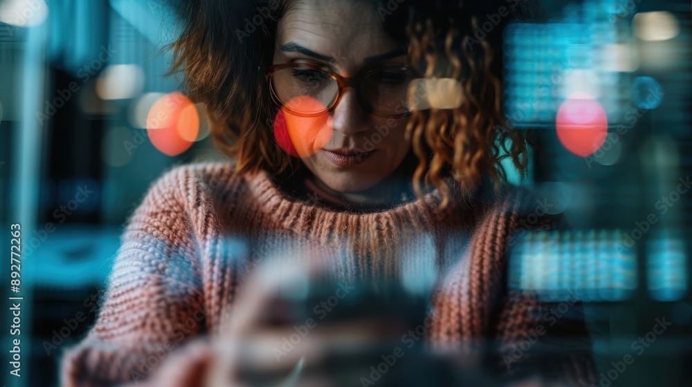 A close-up shot of a woman focused on her work in a tech environment. The background features blurred technology elements, illustrating concentration and innovation. A close-up shot of a woman focused on her work in a tech environment. The background features blurred technology elements, illustrating concentration and innovation.