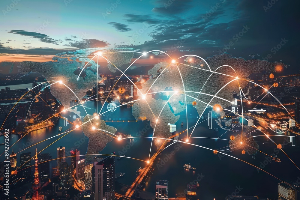Obraz premium Global Economic Network, Concept Image Depicting Interconnected Cities and Trade Routes Across the World