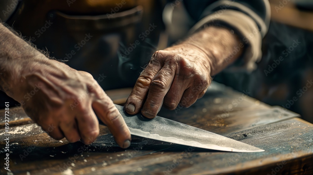 Man demonstrating the sharpness of a knife by slicing a thin sheet of paper Man demonstrating the sharpness of a knife by slicing a thin sheet of paper