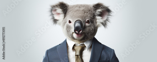 A Koala Wearing a Suit and Tie Poses for a Portrait in Front of a White Background photo