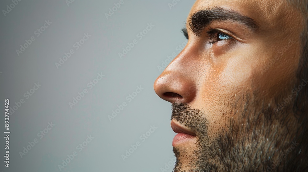 Fototapeta premium Close-Up Profile of Handsome Bearded Man with Intense Gaze Against Neutral Background