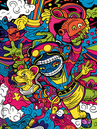 A colorful storybook cover for kids of an anthropomorphic excited ninja and dog