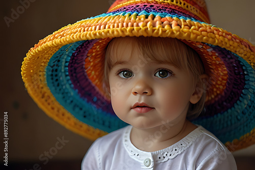 A small baby is wearing a colorful big hat.