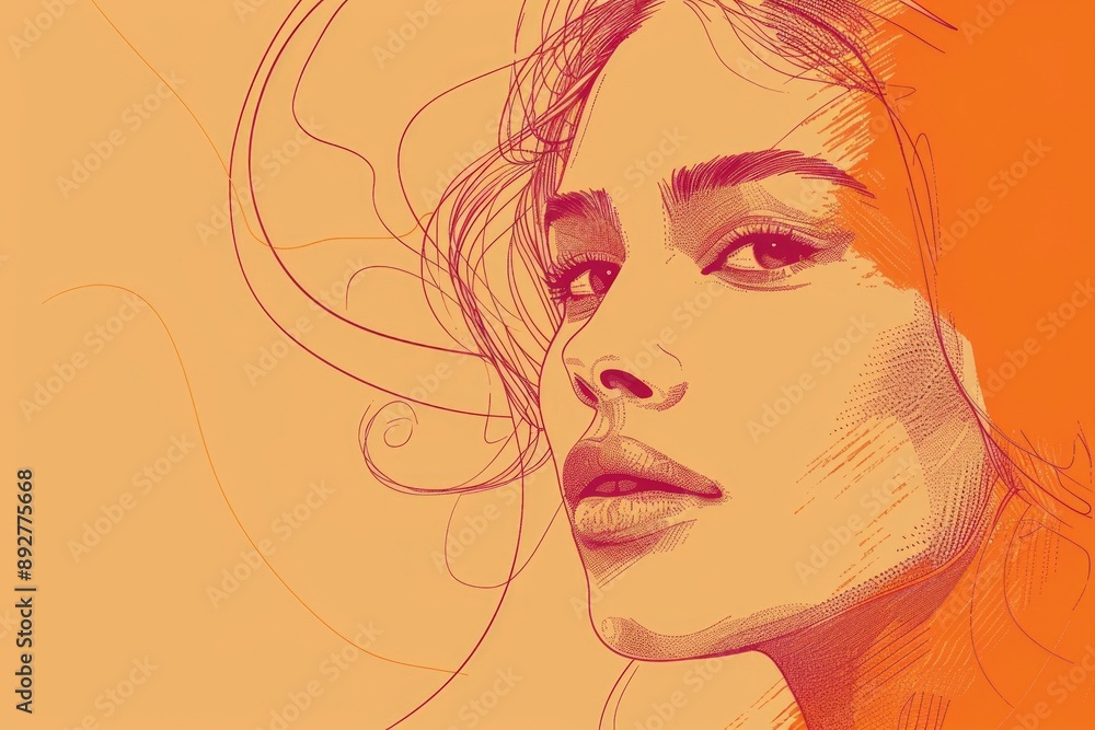 A detailed illustration of a woman's face in a red and orange color scheme, featuring her profile with flowing hair. A detailed illustration of a woman's face in a red and orange color scheme, featuring her profile with flowing hair.