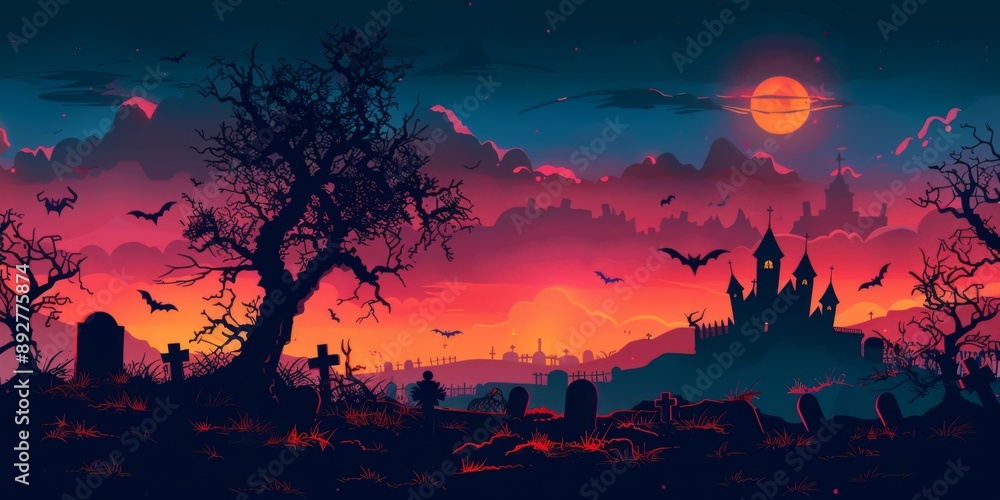 Spooky Halloween Night with Full Moon, Haunted Castle, and Bats, Design for Print, Card, Poster Spooky Halloween Night with Full Moon, Haunted Castle, and Bats, Design for Print, Card, Poster