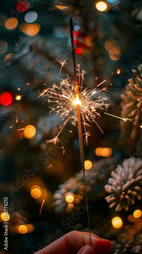 Burning christmas sparkler with bokeh background merry christmas and happy new year concept background, Burning christmas sparkler with bokeh backgroundmerry christmas and happy new year concept  photo