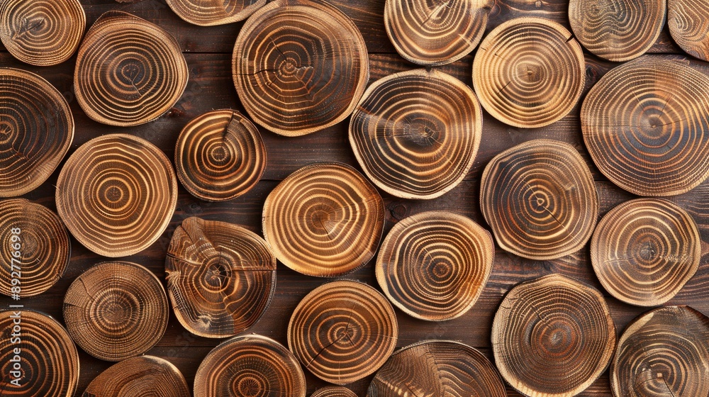 Artistic wooden background crafted from crosscut wood with ring patterns Template suitable for inscription mockups and designs Artistic wooden background crafted from crosscut wood with ring patterns Template suitable for inscription mockups and designs