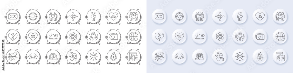 International love, Romantic dinner and Heart flame line icons. White pin 3d buttons, chat bubbles icons. Pack of Friend, Atom, Valentine target icon. Vector