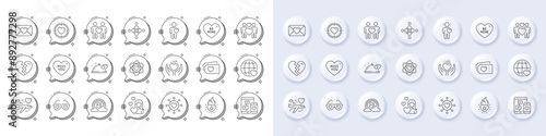International love, Romantic dinner and Heart flame line icons. White pin 3d buttons, chat bubbles icons. Pack of Friend, Atom, Valentine target icon. Vector