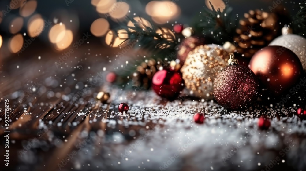 Festive Christmas baubles placed on a wooden surface, surrounded by snow and lights, creating a scene that epitomizes the holiday season's warmth and charm. Festive Christmas baubles placed on a wooden surface, surrounded by snow and lights, creating a scene that epitomizes the holiday season's warmth and charm.