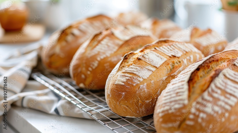 Five freshly baked loaves of bread cooling on a wire rack in a kitchen ...