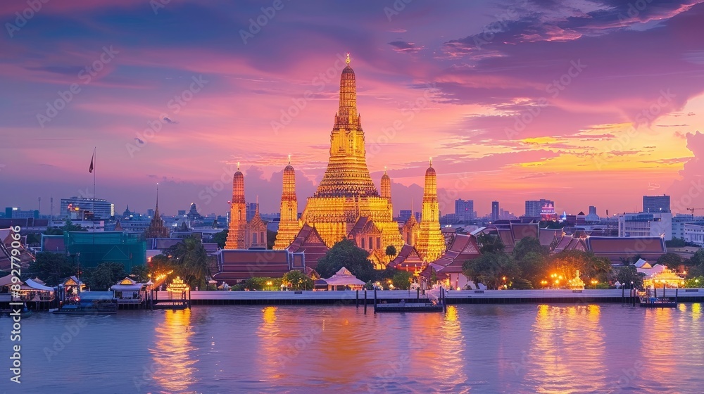 Bangkok Thailands Wat Arun Temple at sunset a prominent landmark Bangkok Thailands Wat Arun Temple at sunset a prominent landmark