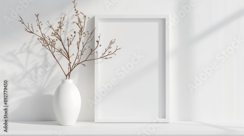 White-framed mockup and dried twigs in vase on shelf or desk. All white. © Lasvu