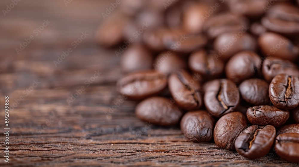 This image captures a close-up view of roasted brown coffee beans scattered across a rustic wooden table, highlighting their rich texture and color. This image captures a close-up view of roasted brown coffee beans scattered across a rustic wooden table, highlighting their rich texture and color.